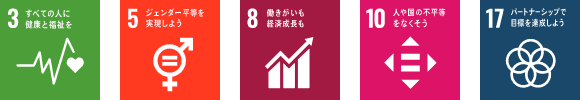 SDGsアイコン（3,5,8,10,17）